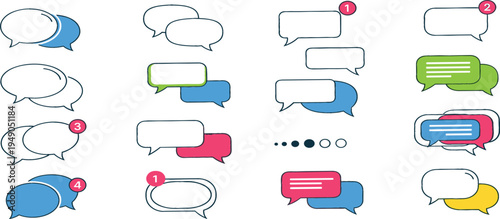 Chat message bubble icons set with colorful speech balloons, notification counters and dialogue symbols for communication, messaging and social media design