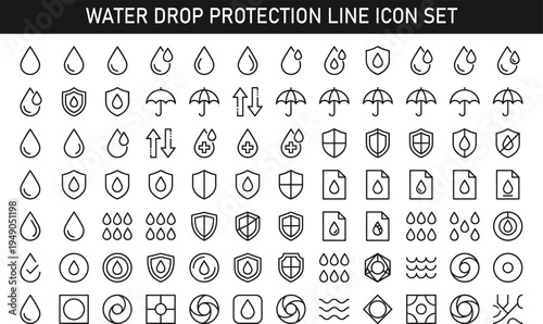 Water drop protection line icon set with moisture shield rain humidity waterproof minimal outline vector icons collection isolated background