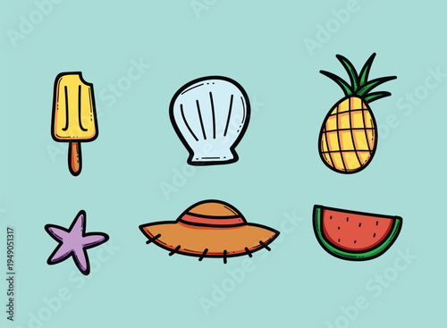 Summer Beach Icons Set Tropical Fruit, Seashell, Starfish, Sun Hat, Popsicle and Watermelon Illustration