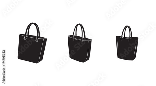 Three black tote bags with handles in different angles for shopping and carrying items  simple illustrations