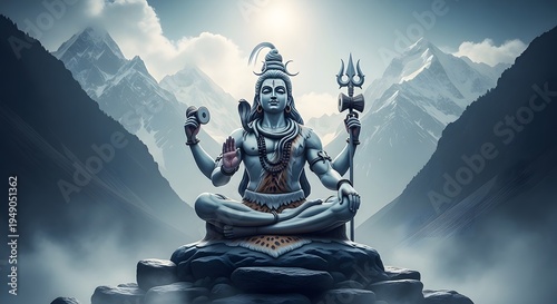 Majestic Shiva statue meditating in serene Himalayan mountain landscape