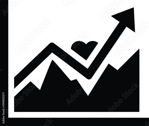 Market trend graph with heart icon and rising arrow representing positive sentiment and healthy economic growth dynamics