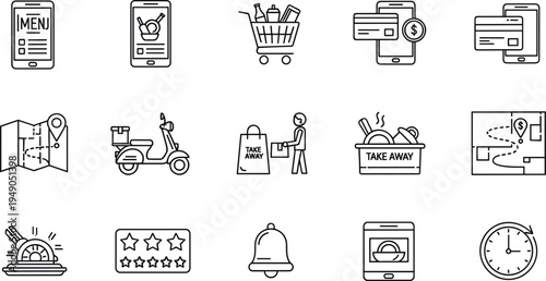 Online Food Delivery and Takeaway Service Line Icon Set Featuring Mobile Menu Shopping Cart Payment Map Courier Scooter and Order Tracking Symbols
