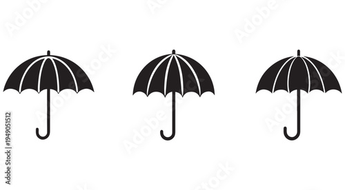 Three black umbrellas with white lines on a white background  simple iconic illustrations of closed umbrellas