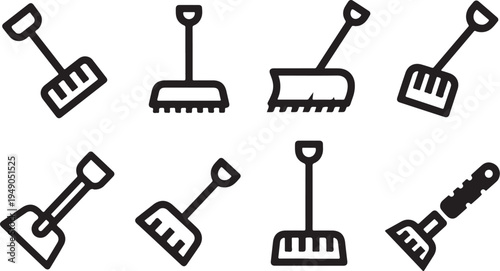 Collection of various shovels and scoops line art icons