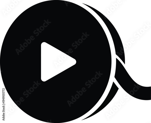 Play button on film reel vector icon symbolizing multimedia content and video playback for digital entertainment
