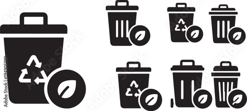 Recycling symbols and trash cans on white background icons