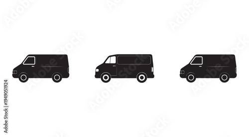 Three black van silhouettes in different positions on white background  side views of vans