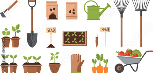 Gardening Tools and Planting Vector Set Featuring Seeds, Shovels, Watering Can, Gloves, and Plants for Gardening, Sowing, and Harvesting