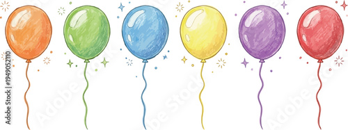 Hand drawn vector illustration of balloons.
Colorful watercolor balloons in a row on white background. Balloons Around the World Day. Birthday Celebration Cake, International Cake Day
