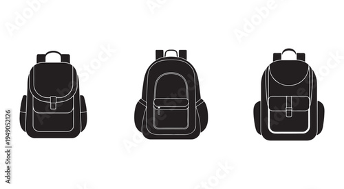 Three different backpack designs with white outlines on solid white background  school bags with various shapes and sizes