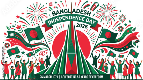 Illustration of Bangladesh Independence Day 2026 celebration with flags, fireworks, and people in a festive mood against a colorful background.