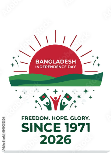 Graphic design celebrating Bangladesh Independence Day with a red sun, green hills, and flags in a colorful illustration with a patriotic mood.