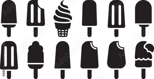 Black and white illustration of various ice cream treats