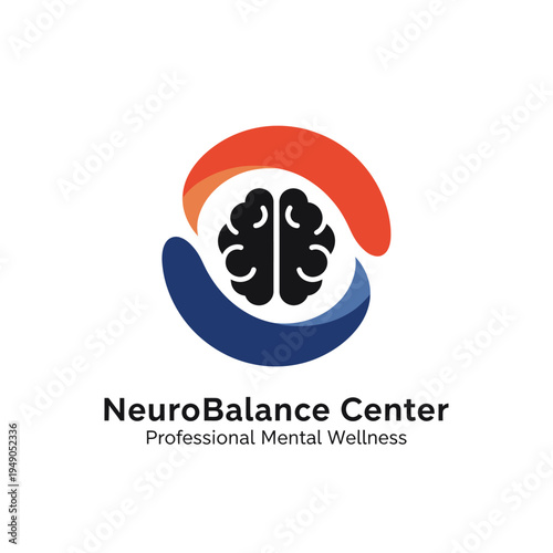 Human brain icon between balanced wave arcs for psychological counseling and mental health wellness center logo for NeuroBalance Center