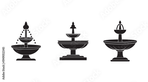 Three different fountain designs with varying water flow patterns and architectural styles  decorative water features for gardens and public spaces
