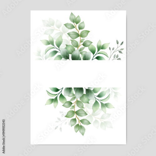 Watercolor green leaf background and template.used wedding birthday and funeral invitations
