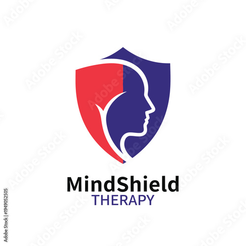 Silhouette of human face profile within a shield shape for mental health and psychology counseling service logo for MindShield Therapy