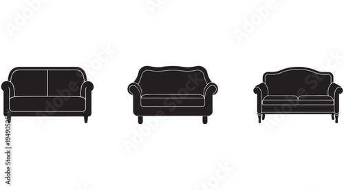 Three different types of sofas with white outlines on a white background  furniture silhouettes for design and decoration purposes