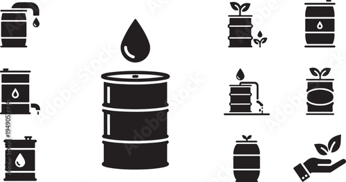 Oil barrel and droplet icons in black and white