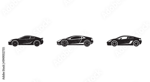 Three sleek black sports car silhouettes in different angles and designs on white background  modern vehicle illustrations