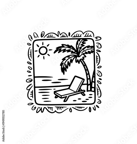 Tropical naive coastal elements like palm trees, waves, sun lounger  and sun perfect for summer designs, t-shirts, posters, and placard prints.