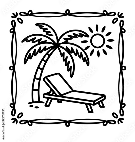 Tropical naive coastal elements like palm trees, waves, sun lounger  and sun perfect for summer designs, t-shirts, posters, and placard prints.