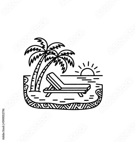 Tropical naive coastal elements like palm trees, waves, sun lounger  and sun perfect for summer designs, t-shirts, posters, and placard prints.