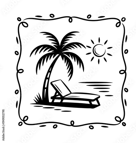 Tropical naive coastal elements like palm trees, waves, sun lounger  and sun perfect for summer designs, t-shirts, posters, and placard prints.