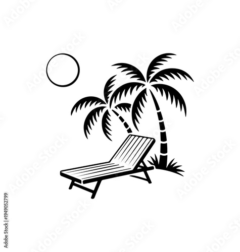 Tropical naive coastal elements like palm trees, waves, sun lounger  and sun perfect for summer designs, t-shirts, posters, and placard prints.