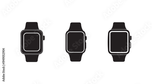 Three smartwatches with square faces and black straps in different angles isolated on white background