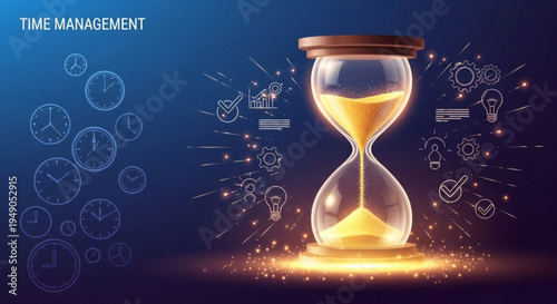 Time management concept with glowing hourglass and clock icons on blue background with productivity symbols
