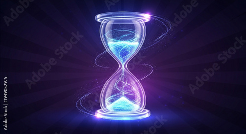 Glowing hourglass with swirling neon light trails on dark background symbolizing time and urgency