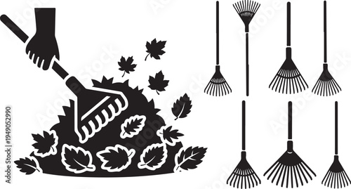 Rakes and leaves in a yard cleaning concept illustration