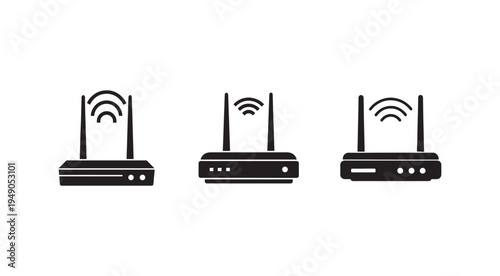 Three wireless routers with WiFi signals on a white background  network devices for internet connectivity