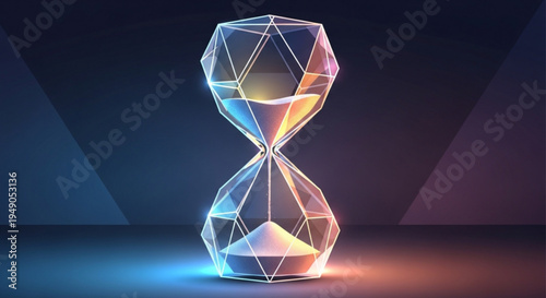 Glowing polygonal hourglass with neon light on dark background symbolizing time and urgency in a futuristic setting