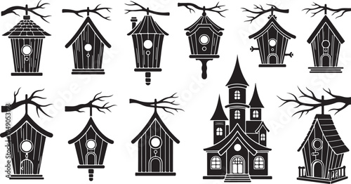 Collection of whimsical birdhouse designs and illustrations in black