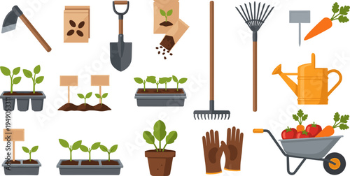 Gardening Tools and Planting Equipment Including Trowels, Watering Can, Gloves, and Seedling Trays, Gardening Illustration