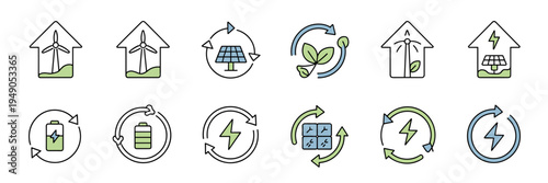Sustainability cycle and power icons – Suitable for circular economy reports, energy efficiency guides, or smart home tech.