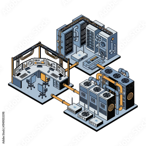 Isometric Data Center Illustration - Control Room, Servers, and Cooling System.