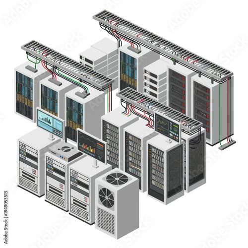 Isometric Data Center Illustration - Servers, Racks, and Cooling System.