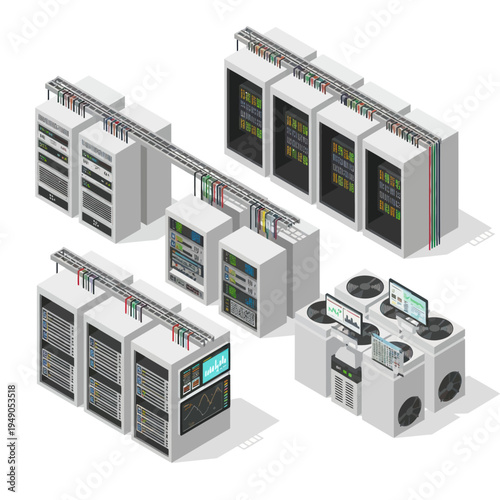 Isometric Data Center Illustration with Servers and Control Panels.