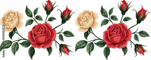 Red and yellow roses bouquet illustration with green leaves, floral garden element for wedding invitation, romantic card design, botanical art