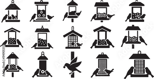 Black and white bird feeder icons with birds illustration