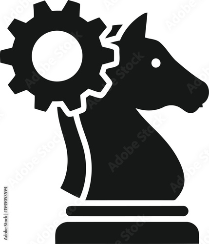 Strategic thinking chess knight with gear icon, symbolizing problem-solving and smart business planning