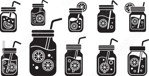 Black and white mason jar drink illustrations with straws