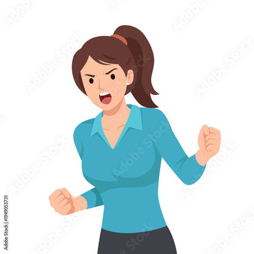 Angry Businesswoman Shouting with Clenched Fists. Flat vector illustration isolated on white background
