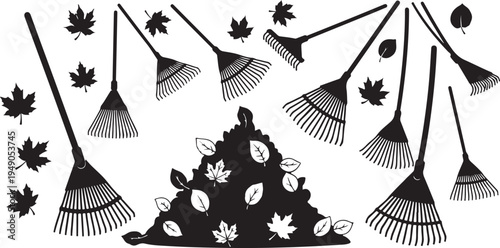 Black and white illustration of rakes and falling leaves