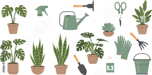 Indoor Plant Care and Gardening Tools Vector Set Featuring Watering Can, Spray Bottle, Gloves, Pots, and Plant Care Essentials for Home Gardening