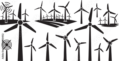 Wind Turbines Generating Clean Renewable Energy Silhouette Illustration Set